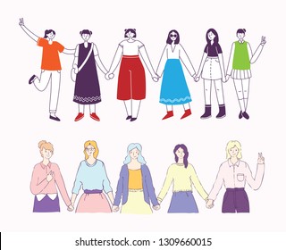 Colorful vector illustration concept of Happy Women's internarional day . Group of happy female friends, union of feminists, sisterhood holding hands in flat design