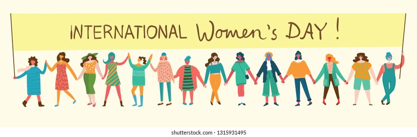 Colorful vector illustration concept of Happy Women's internarional day . Group of happy female friends, union of feminists, sisterhood holding hands in flat design