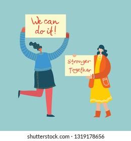 Colorful vector illustration concept of Happy Women's internarional day . Happy female friends, union of feminists, sisterhood holding the placard in flat design