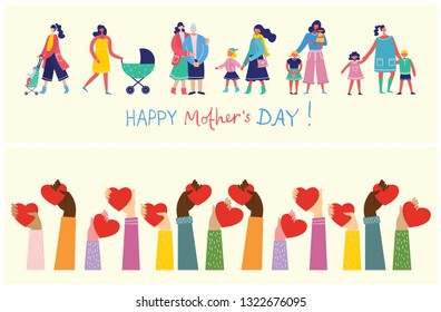 Colorful vector illustration concept of Happy Mother's day . Mothers with the children  and hands hold hearts in the flat design for greeting cards, posters and backgrounds 