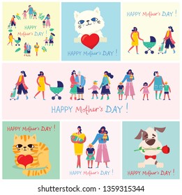 Colorful vector illustration concept of Happy Mother's day . Mothers with the children in the flat design for greeting cards, posters and backgrounds 