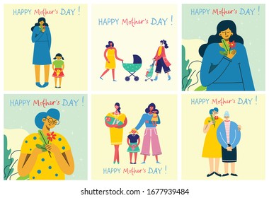 Colorful vector illustration concept of Happy Mother's day . Mothers with the children in the flat design for greeting cards, posters and backgrounds