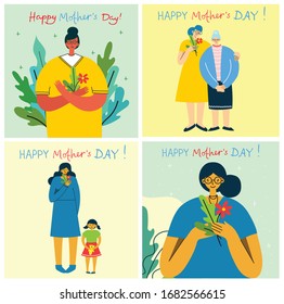 Colorful vector illustration concept of Happy Mother's day . Mothers with the children in the flat design for greeting cards, posters and backgrounds