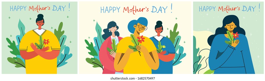 Colorful vector illustration concept of Happy Mother's day . Mothers with the children in the flat design for greeting cards, posters and backgrounds