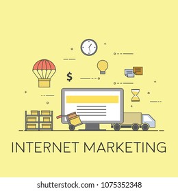 Colorful vector illustration concept for internet marketing. Delivery service, online shopping, e-commerce,receiving package from courier to customer