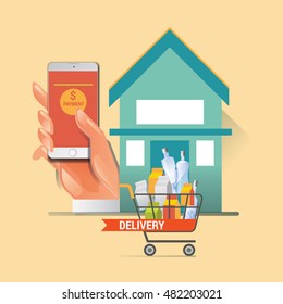 Colorful vector illustration concept for online ordering of food. delivery vector illustration concept for grocery delivery 