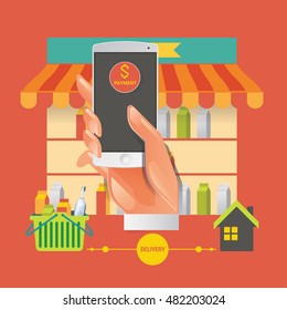Colorful vector illustration concept for online ordering of food. delivery vector illustration concept for grocery delivery 