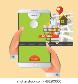 Colorful vector illustration concept for online ordering of food. delivery vector illustration concept for grocery delivery 