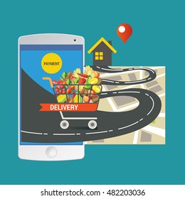 Colorful Vector Illustration Concept For Online Ordering Of Food. Delivery Vector Illustration Concept For Grocery Delivery 