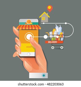 Colorful Vector Illustration Concept For Online Ordering Of Food. Delivery Vector Illustration Concept For Grocery Delivery 