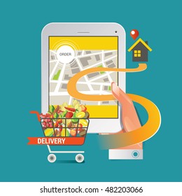 Colorful vector illustration concept for online ordering of food. delivery vector illustration concept for grocery delivery 