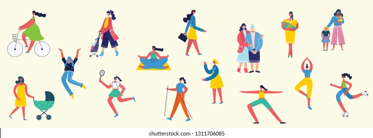 Colorful vector illustration concept set of different activities of women for Happy Women's internarional day . Group of happy female friends, mothersin flat design