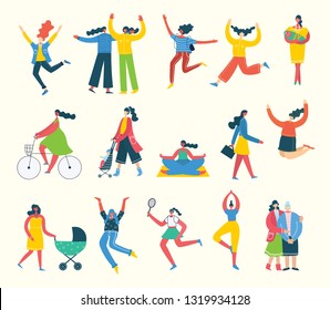 Colorful vector illustration concept set of different activities of women for Happy Women's internarional day cards, posters and banners . Group of happy female friends, mothers in flat design