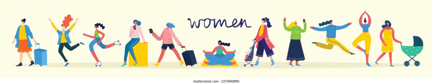 Colorful vector illustration concept set of different activities. Group of happy female friends, mothers in flat design 