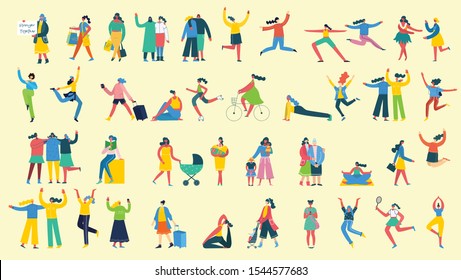 Colorful vector illustration concept set of different activities of women for Happy Women's internarional day cards, posters and banners . Group of happy female friends, mothers in flat design