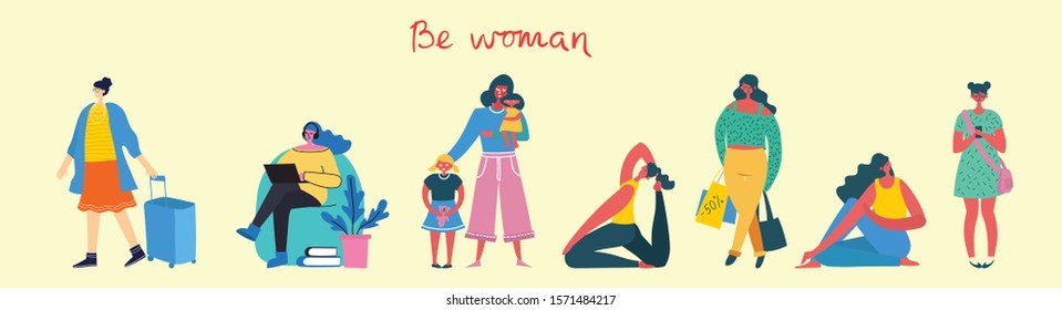 Colorful vector illustration concept set of different activities of women for Happy Women's internarional day cards, posters and banners . Group of happy female friends, mothers in flat design