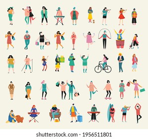 Colorful vector illustration concept set of different activities of women for Happy Women's day cards, posters and banners . Group of happy female friends, mothers in flat design