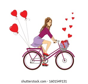 Colorful vector illustration concept for Valentine Day, romantic holiday, lifestyle. Cartoon beauty girl riding a bike with gift in the basket and red heart air balls. eps 10
