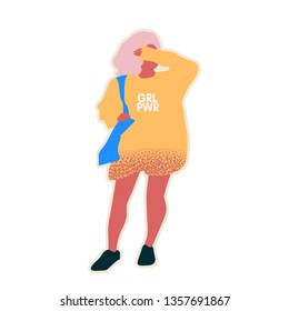Colorful vector illustration concept of a young woman covers her face with her hand. GRL PWR text. For girls power concept, feminine and feminism ideas, woman empowerment and role cards design.