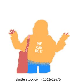 Colorful vector illustration concept of a young character. WE CAN DO IT text. Flat cartoon character isolated on white background.