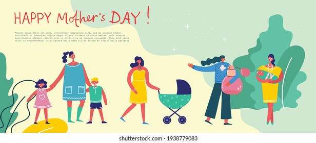 Colorful vector illustration concepts of Happy Mother's day . Mothers with the children in the flat design for greeting cards, posters and backgrounds