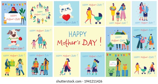 Colorful vector illustration concepts of Happy Mother's day . Mothers with the children in the flat design for greeting cards, posters and backgrounds