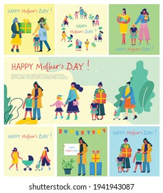 Colorful vector illustration concepts of Happy Mother's day . Mothers with the children in the flat design for greeting cards, posters and backgrounds
