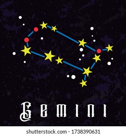 Colorful vector illustration of the constellation of Gemini and their corresponding zodiac sign.