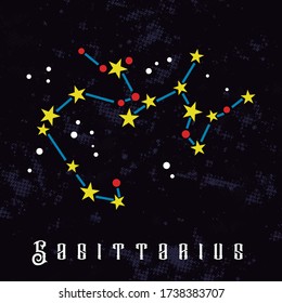 Colorful vector illustration of the constellation Sagittarius and its corresponding zodiac sign.