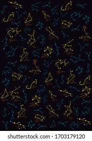 Colorful vector illustration of constellations and corresponding zodiac signs.