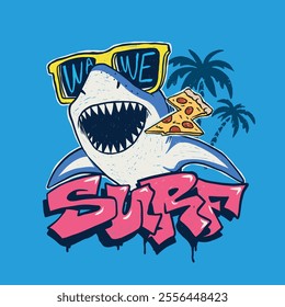 Colorful vector illustration of a cool shark wearing sunglasses, holding a slice of pizza, and surrounded by palm trees. Bold graffiti-style "SURF" text completes the fun summer beach vibe.