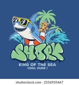 Colorful vector illustration of a cool shark wearing sunglasses, holding a pizza slice, and relaxing in a swim ring. Features bold graffiti-style 'SHARK' text and tropical elements. Perfect for kids