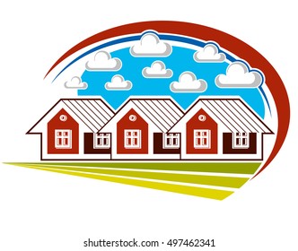 Colorful vector illustration of country houses on nature background with white clouds. Village theme bright picture, construction and real estate idea.