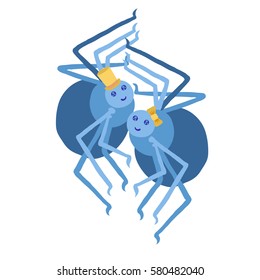 Colorful vector illustration of couple of cute fat blue spiders, wearing yellow top hat, hair ribbon bow, smiling, hugging, with round shining eyes, isolated on white background