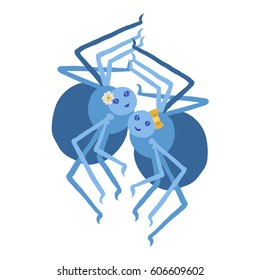 Colorful vector illustration of couple of female cute blue spiders, wearing white flower in hair, yellow ribbon, smiling, hugging, with round shining eyes, isolated on white background