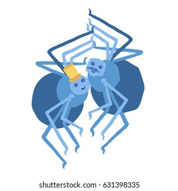 Colorful vector illustration of couple of gay male cute fat blue spiders, one with moustache, other wearing yellow top hat, smiling, hugging, with round shining eyes, isolated on white background