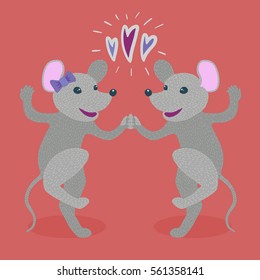 Colorful vector illustration of couple of happy cheerful cute anthropomorphic grey mice in love dancing. Wearing purple ribbon bow in hair. Hearts above them. Red background with shadow.