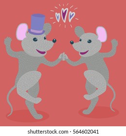 Colorful vector illustration of couple of happy cheerful cute anthropomorphic grey mice in love dancing. Wearing purple top hat. Hearts above them. Red background with shadow.