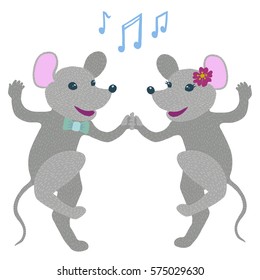 Colorful vector illustration of couple of happy cheerful cute anthropomorphic grey mice dancing. Wearing blue green bow tiet, pink flower. Musical notes above them. Isolated on white background.