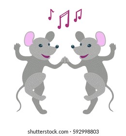 Colorful vector illustration of couple of happy cheerful cute anthropomorphic grey mice dancing. Musical notes above them. Isolated on white background.