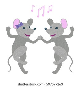 Colorful vector illustration of couple of happy cheerful cute anthropomorphic grey mice dancing. Mouse wearing purple ribbon bow. Musical notes above them. Isolated on white background.