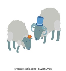 Colorful vector illustration of couple of white sheep wearing orange flower in hair, and ram, wearing blue top hat, with curly fur, dark skin stooping, isolated on white background
