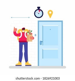 Colorful vector illustration of courier in mask carrying groceries and gesturing thumb up while standing near door of client during contactless delivery