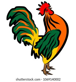 Colorful vector illustration of the crowing cock. Cartoon character rooster with his head up