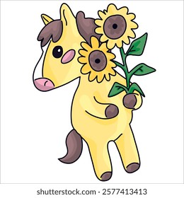 Colorful vector illustration: cute baby horse character, kawaii pony with sunflowers ready to print