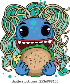 Colorida Ilustración vectorial de un monstruo azul lindo con pelo de espagueti, ojos anchos y dientes grandes, sosteniendo y a punto de comerse una hamburguesa con lechuga y semillas de sésamo en el bollo.