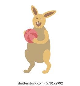 Colorful vector illustration of cute brown bunny character standing on hind legs, holding red beach ball, laughing. Isolated on white background.