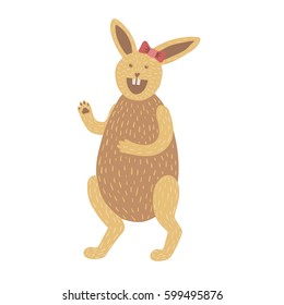 Colorful vector illustration of cute brown bunny character wearing red ribbon bow, standing on hind legs, laughing. Isolated on white background.