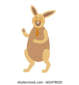 Colorful vector illustration of cute brown bunny character with mustache standing on hind legs, wearing glasses and neck tie, laughing. Isolated on white background.