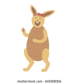 Colorful vector illustration of cute brown bunny character wearing flower crown on head, standing on hind legs, laughing. Isolated on white background.